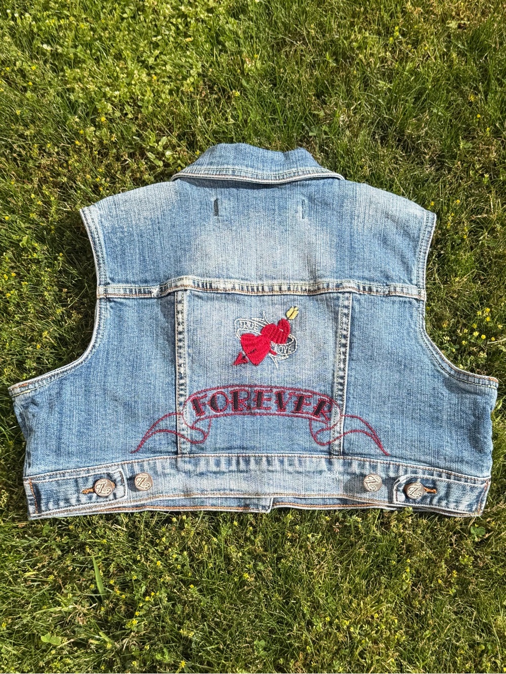 Vintage Y2K Denim Vest Embroidered Swallow Birds Heart Tattoo Inspired Cropped L